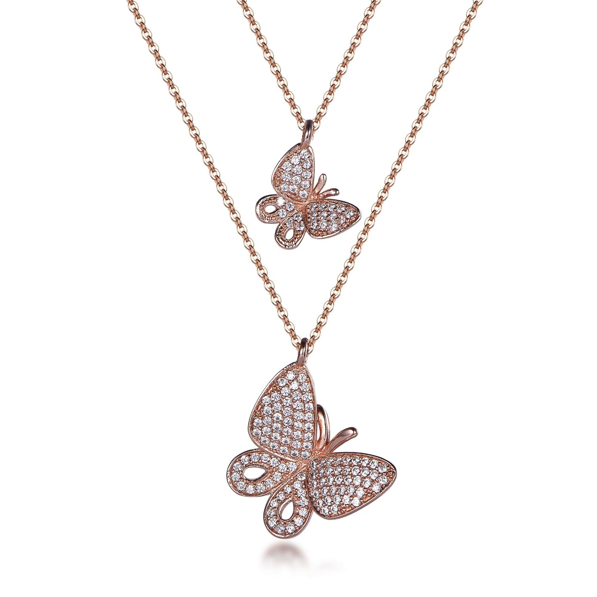 Diamond Butterfly Necklace 14K Rose Gold Double Butterfly Necklace Diamond Butterfly Pendant vintage multilayer pendant necklace Kirin Jewelry