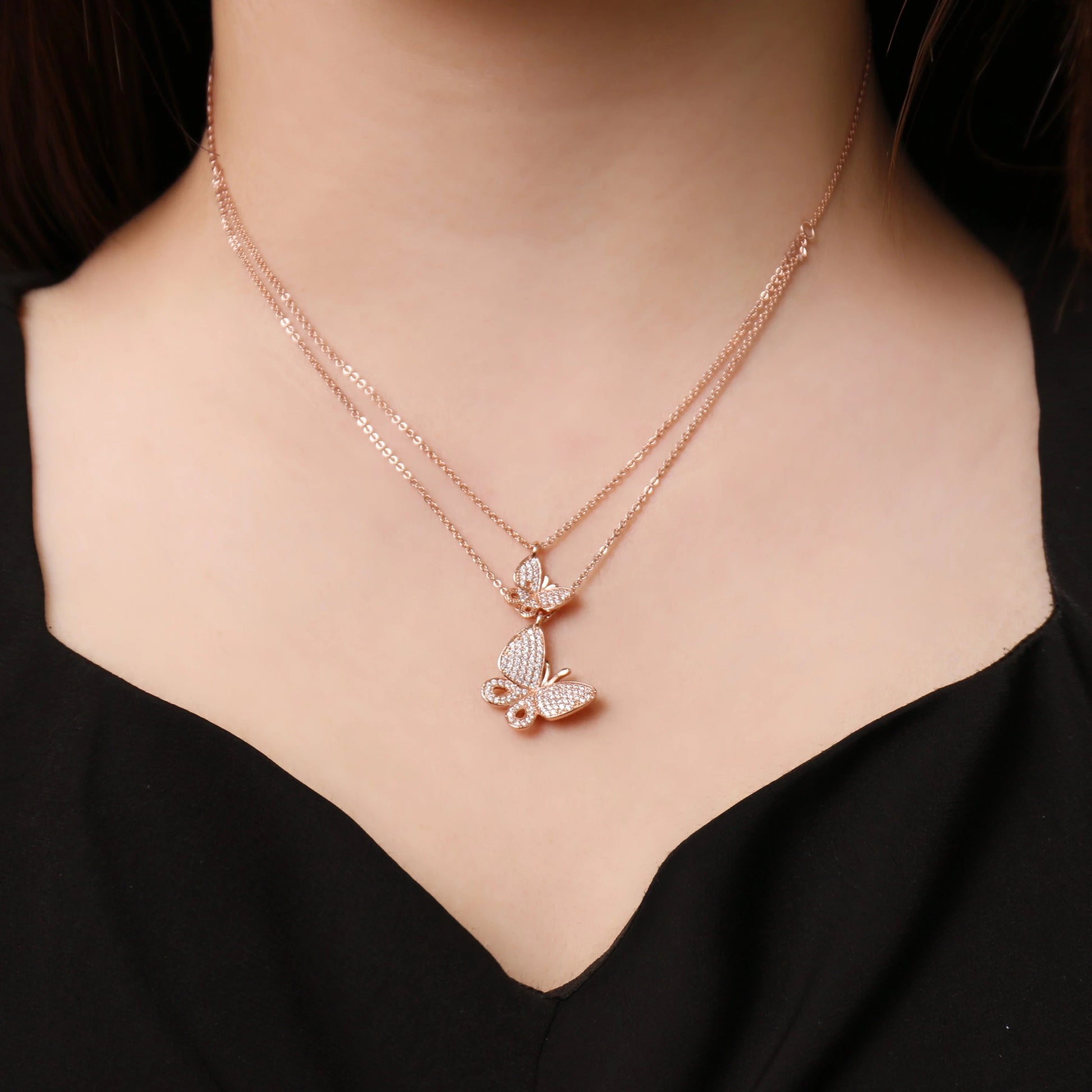 Diamond Butterfly Necklace 14K Rose Gold Double Butterfly Necklace Diamond Butterfly Pendant vintage multilayer pendant necklace Kirin Jewelry