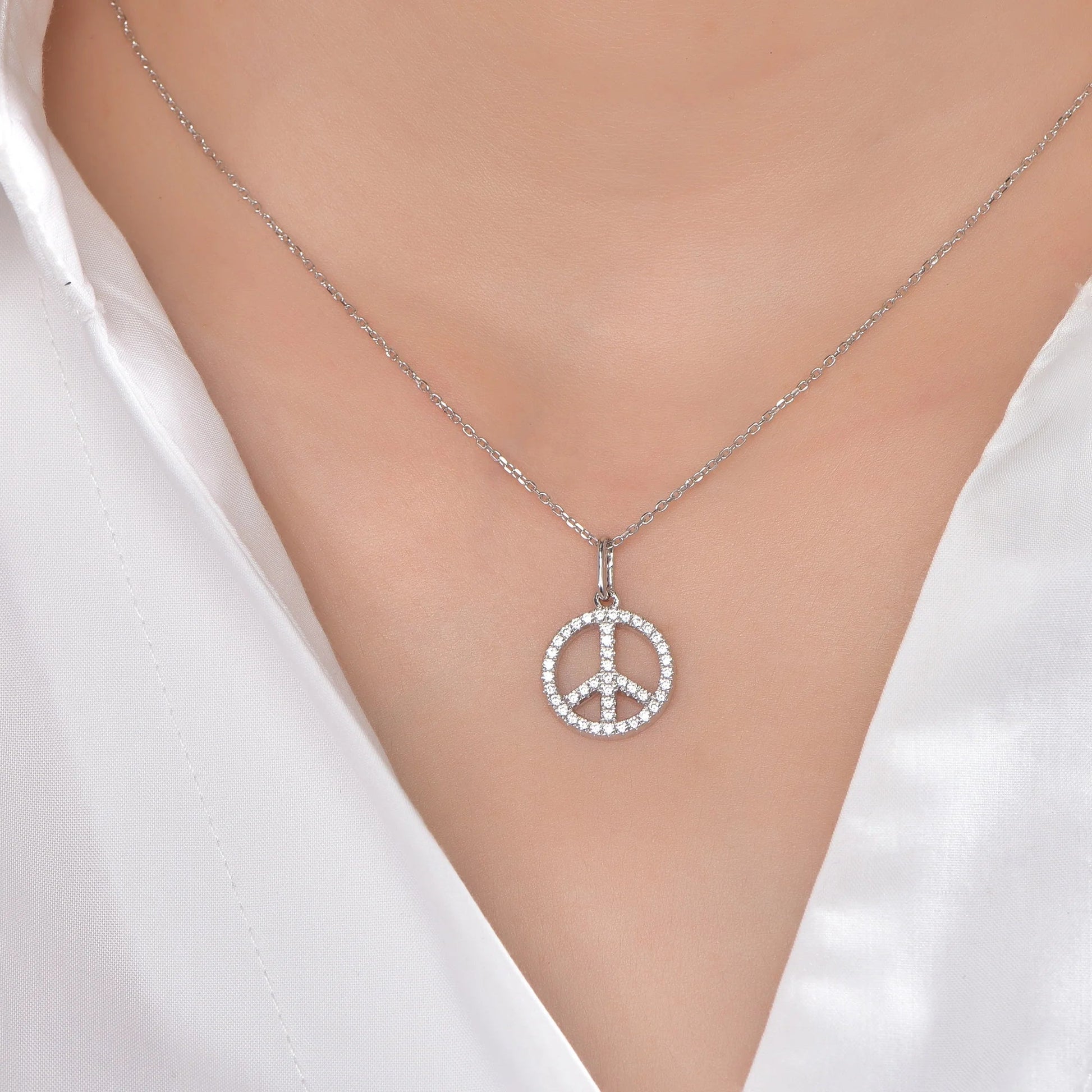 Diamond Peace Necklace Pendant IN 14K White Gold 2.10CT Diamond Peace Sign Pendant Necklace in Sterling Silver Kirin Jewelry