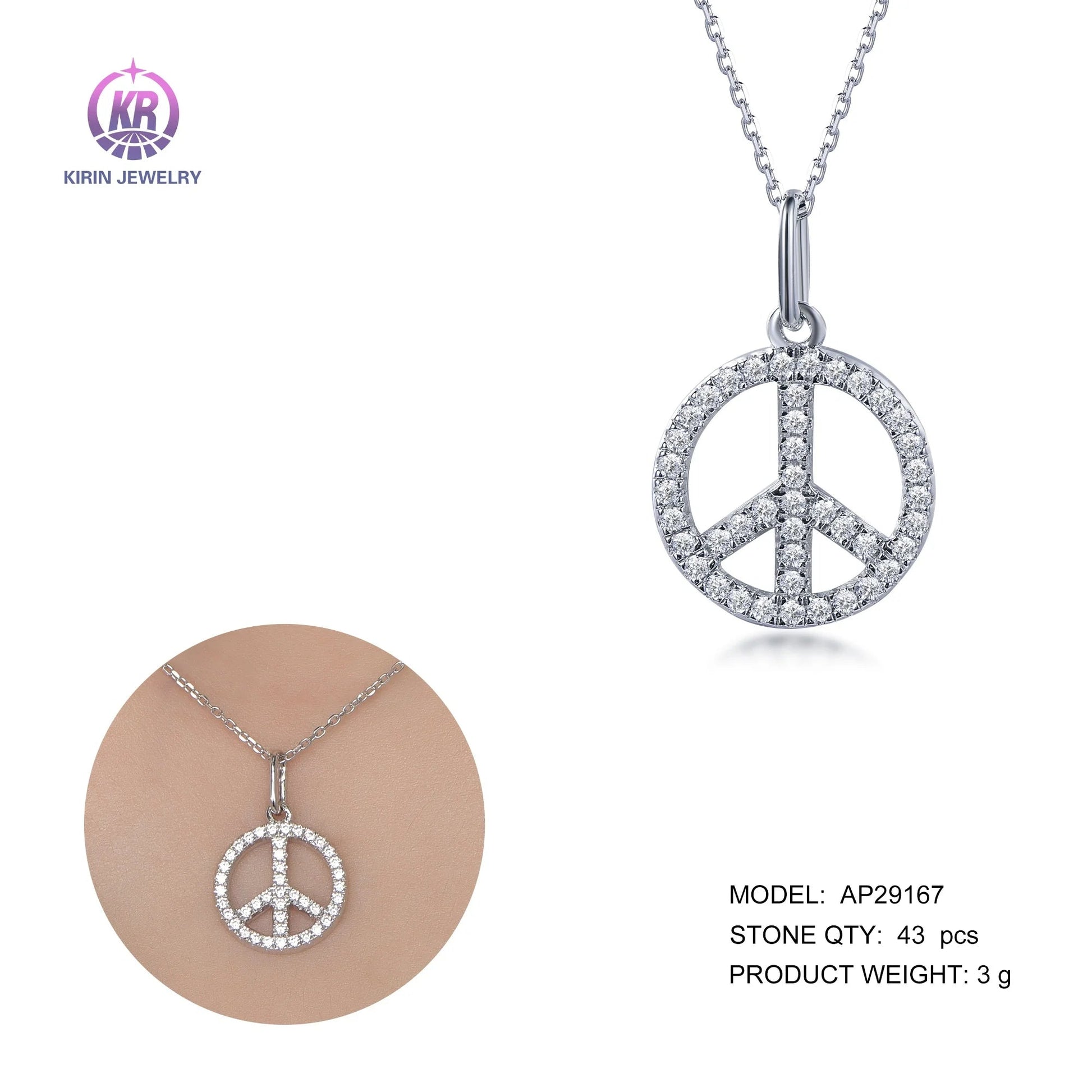 Diamond Peace Necklace Pendant IN 14K White Gold 2.10CT Diamond Peace Sign Pendant Necklace in Sterling Silver Kirin Jewelry