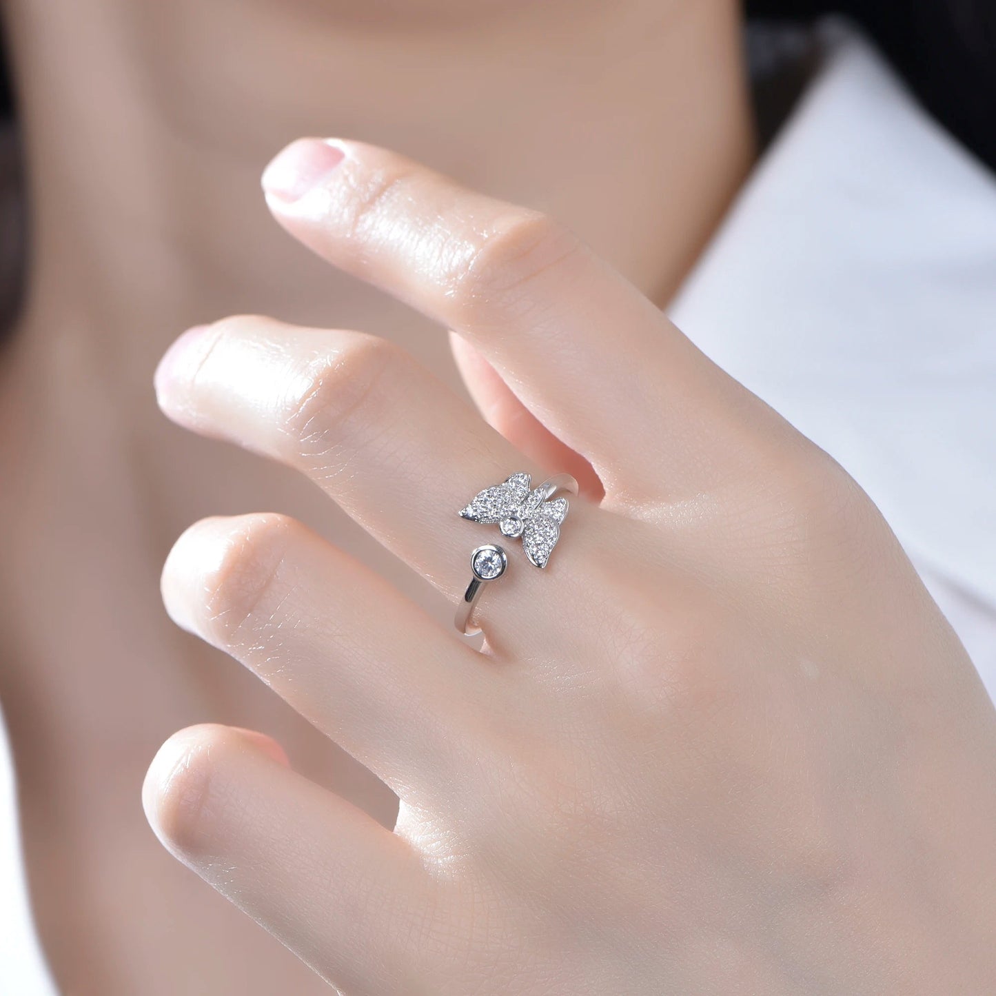 Elegant butterfly shaped white zircon open shank ring 925 sterling silver animal women jewelry adjustable ring Kirin Jewelry