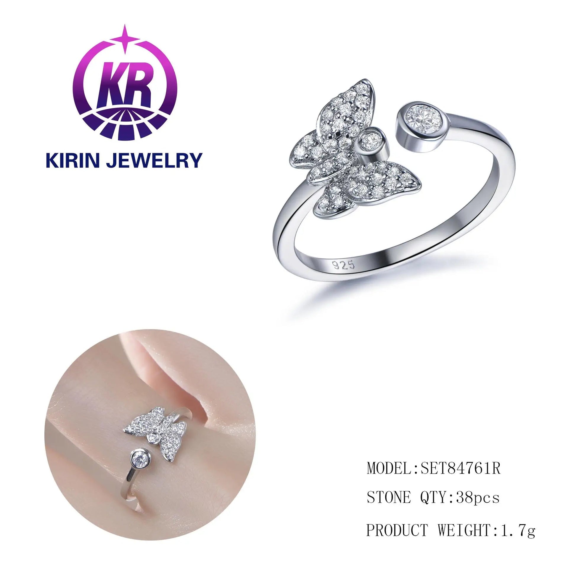 Elegant butterfly shaped white zircon open shank ring 925 sterling silver animal women jewelry adjustable ring Kirin Jewelry