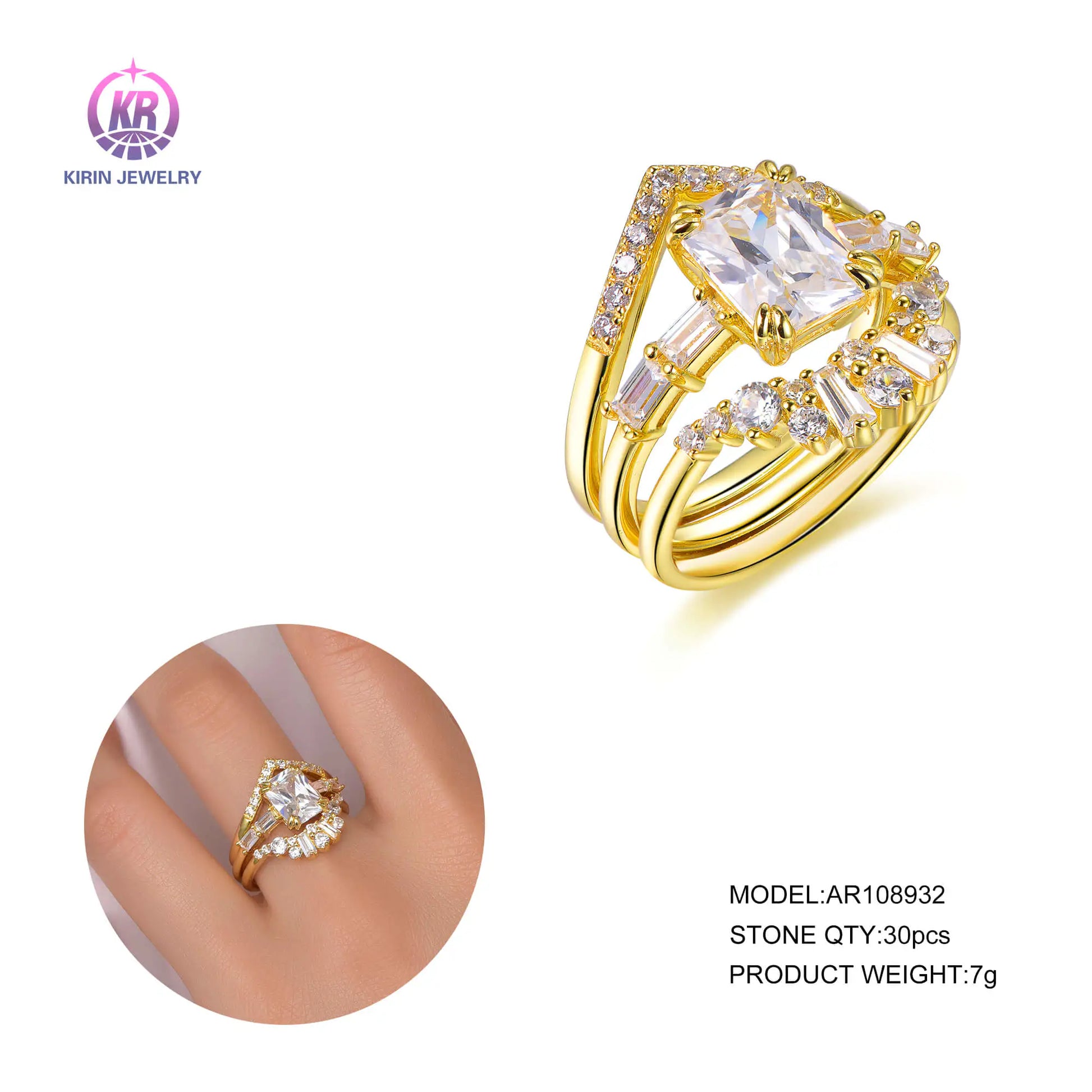 925 sterling silver gold plated Engagement Crown Stacking Ring for Women