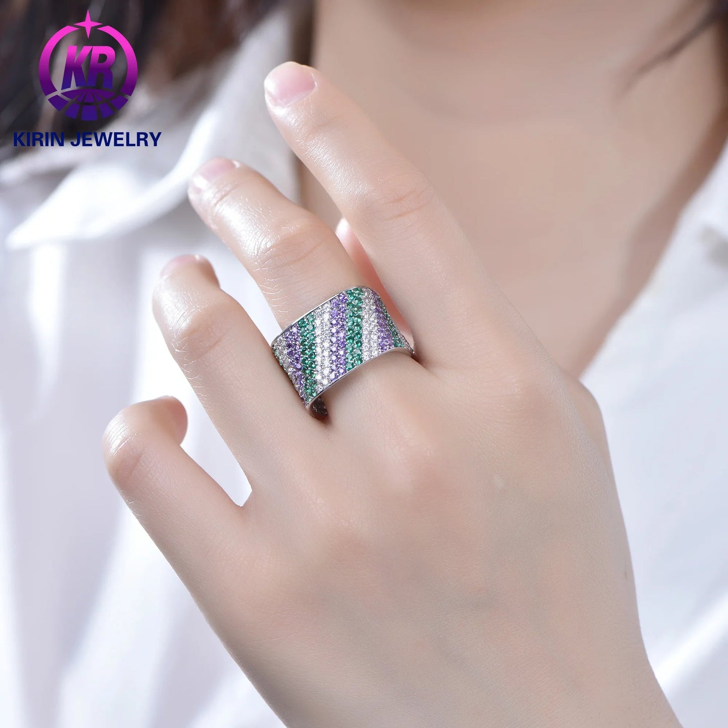 Factory Custom Luxury Hiphop Green Nano Jewelry 925 Sterling Silver Diamond Hip Hop Silver Ring Men Kirin Jewelry