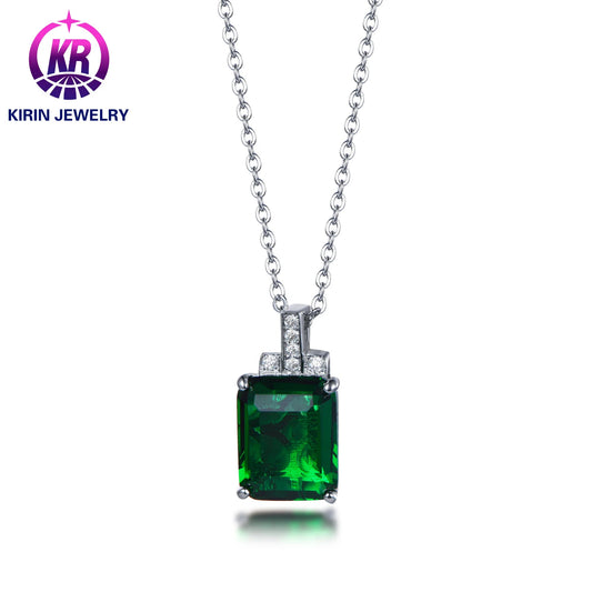 Silver Lab Grown Emerald Princess Cut May Birthstone Pendant