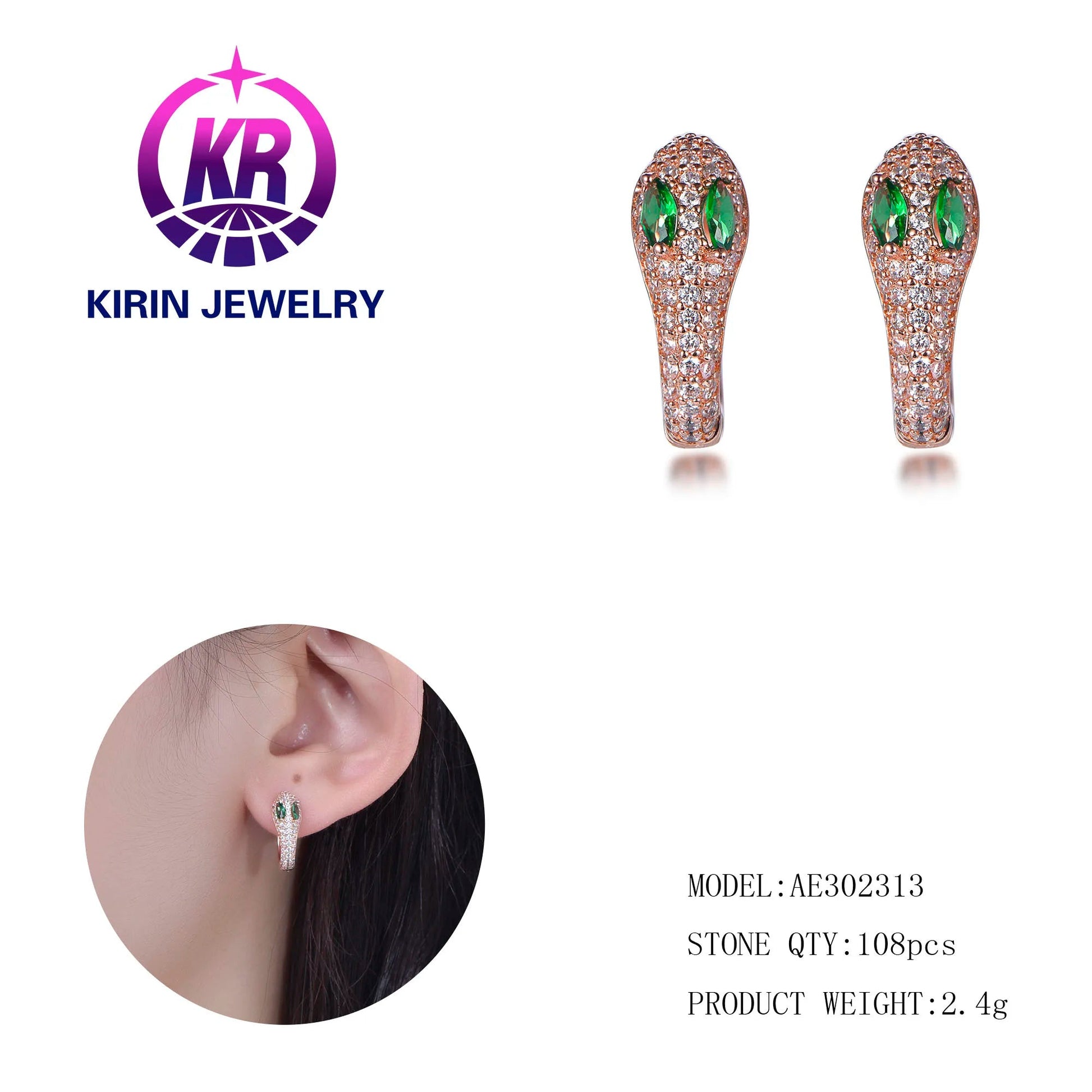 Fashion 925 Sterling Silver Green Zirconia Eye Minimalist Bohemian Snake Head Stud Earrings for Women Gift Kirin Jewelry