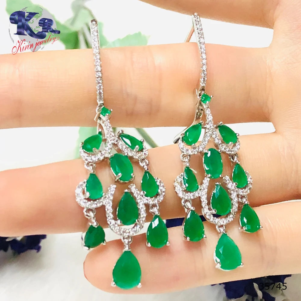 Fashion Design 925 Sterling Silver Tassel Earring Elegant Trendy Luxury Emerald Earring Jewelry for Women Tassel Drop Earrings Kirin Jewelry