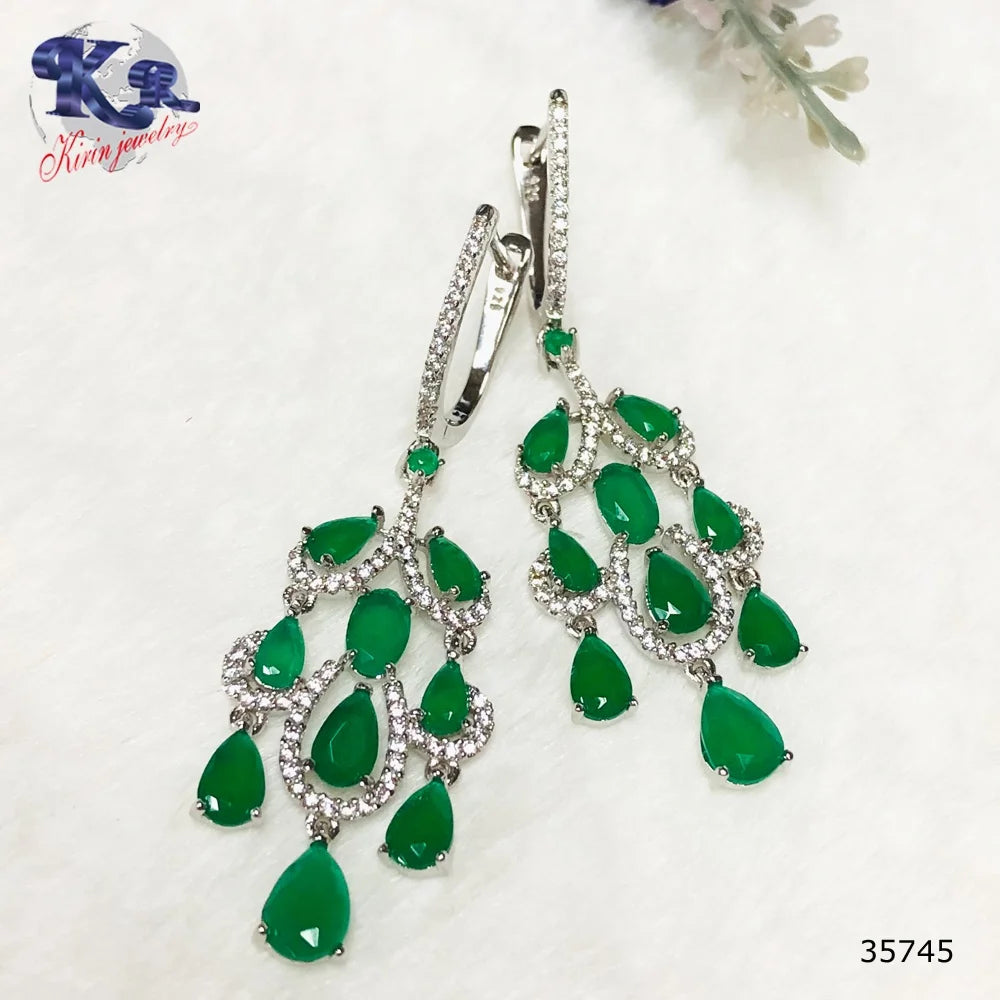 Fashion Design 925 Sterling Silver Tassel  Earring Elegant Trendy Luxury Emerald Earring Jewelry for Women Tassel Drop Earrings Kirin Jewelry