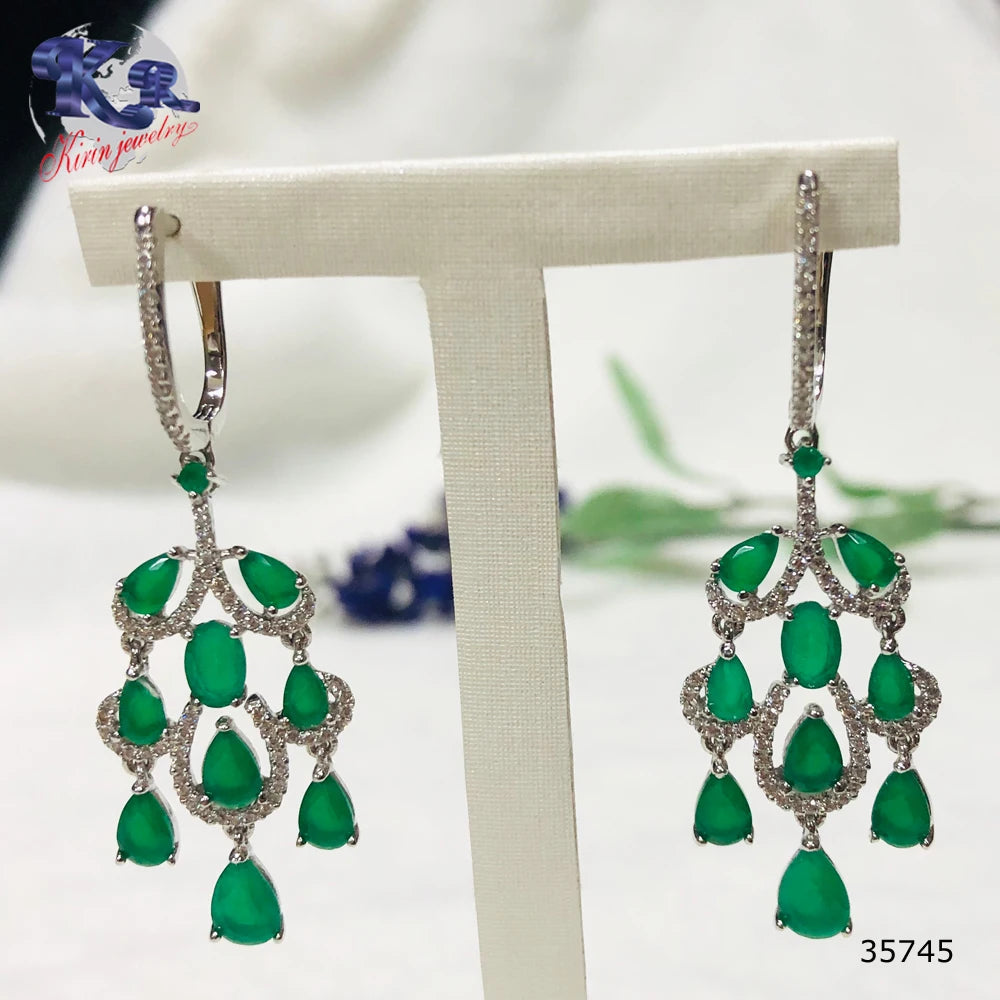 Fashion Design 925 Sterling Silver Tassel Earring Elegant Trendy Luxury Emerald Earring Jewelry for Women Tassel Drop Earrings Kirin Jewelry