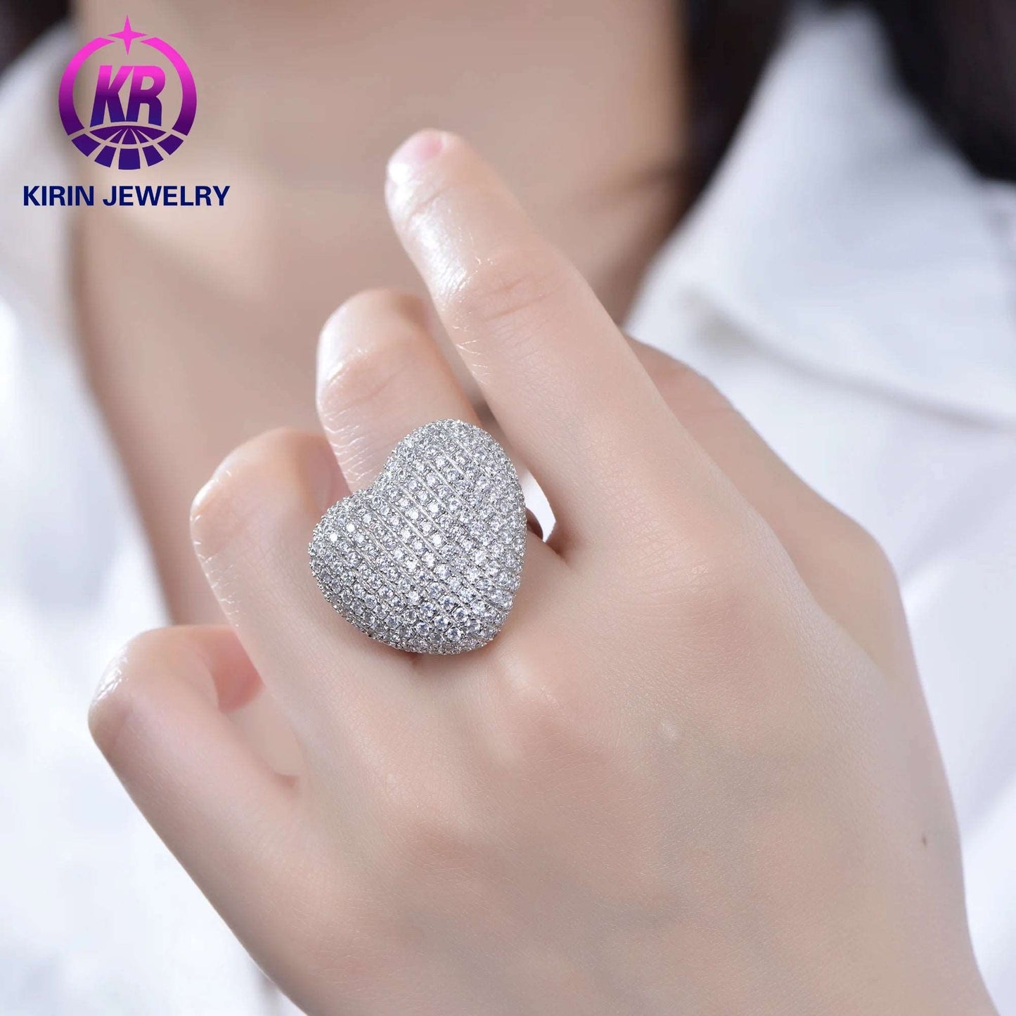 Fashion Fine Jewelry Iced Out Hip Hop Icy Rings Heart Band Ring Chunky Diamond Heart Rings For Women Kirin Jewelry