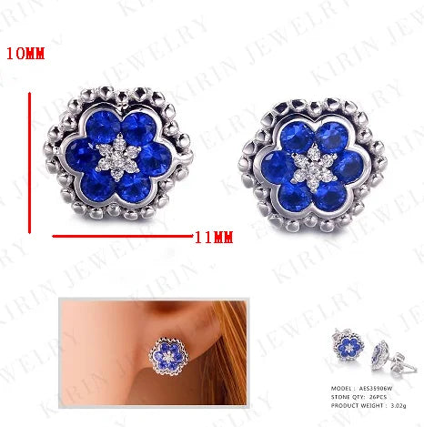 Fashion Sapphire blue flower silver 925 wholesale fashion jewelry fancy stud earrings Kirin Jewelry