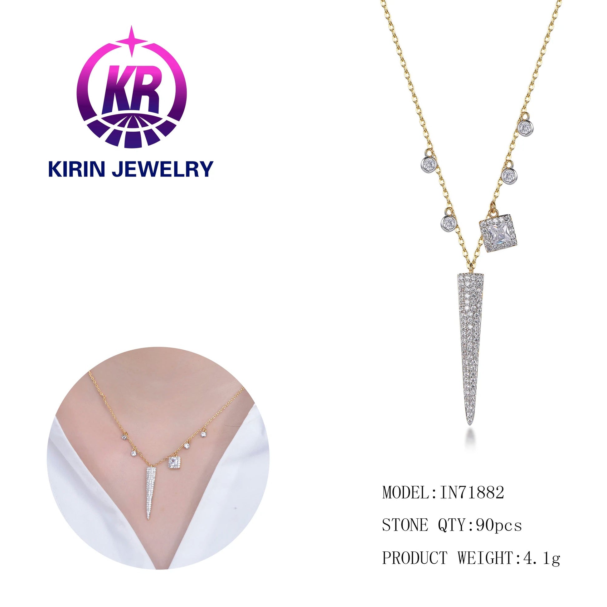 Fashion necklaces wholesale silver 925 jewelry diamond triangle shape pendant gold plate necklace for ladies Kirin Jewelry