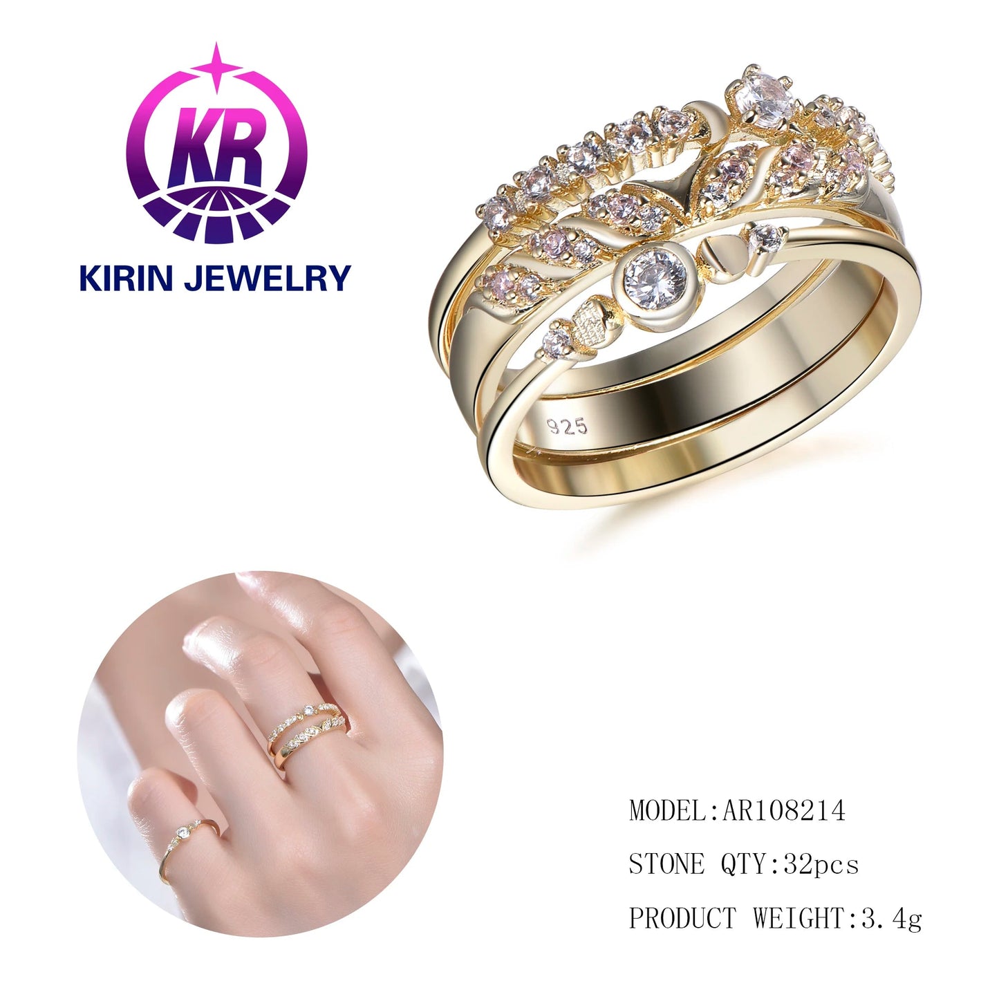 Fashion wholesale american gold cubic zirconia rings  luxury pearl rings finger ring set for women Kirin Jewelry