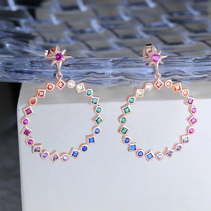 Fine Jewelry 925 Sterling Silver Earrings Pave Rainbow Gem Dangle 18K Rose Gold Hoop Earrings Jewelry Kirin Jewelry