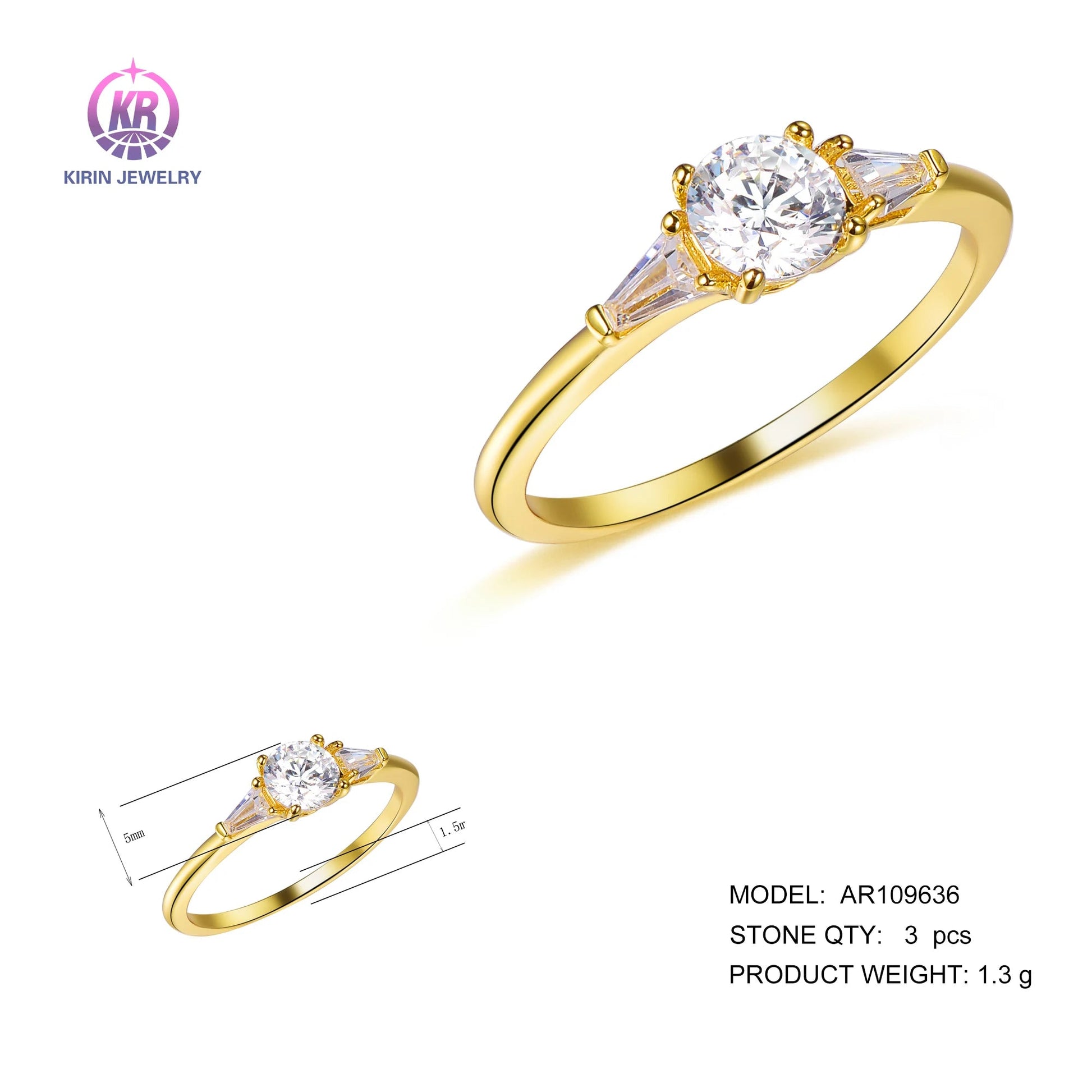 Silver 14K Gold Plated Lab Created Diamond 3 Stone Engagement Rings for Women