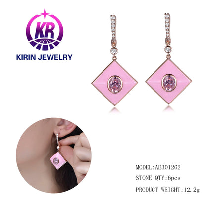 Geometric diamond pendant earrings pink 925 Sterling Silver pendant earrings women's lucky jewelry Kirin Jewelry