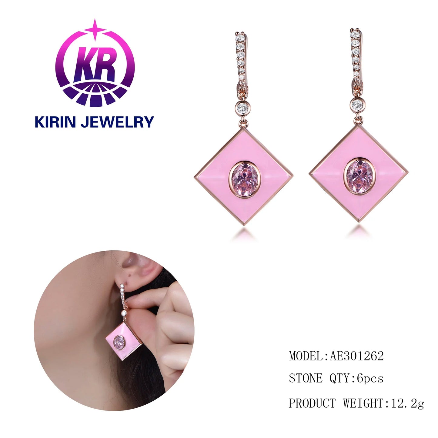 Geometric diamond pendant earrings pink hip hop jewelry wholesale 925 Sterling Silver women's lucky jewelry Kirin Jewelry