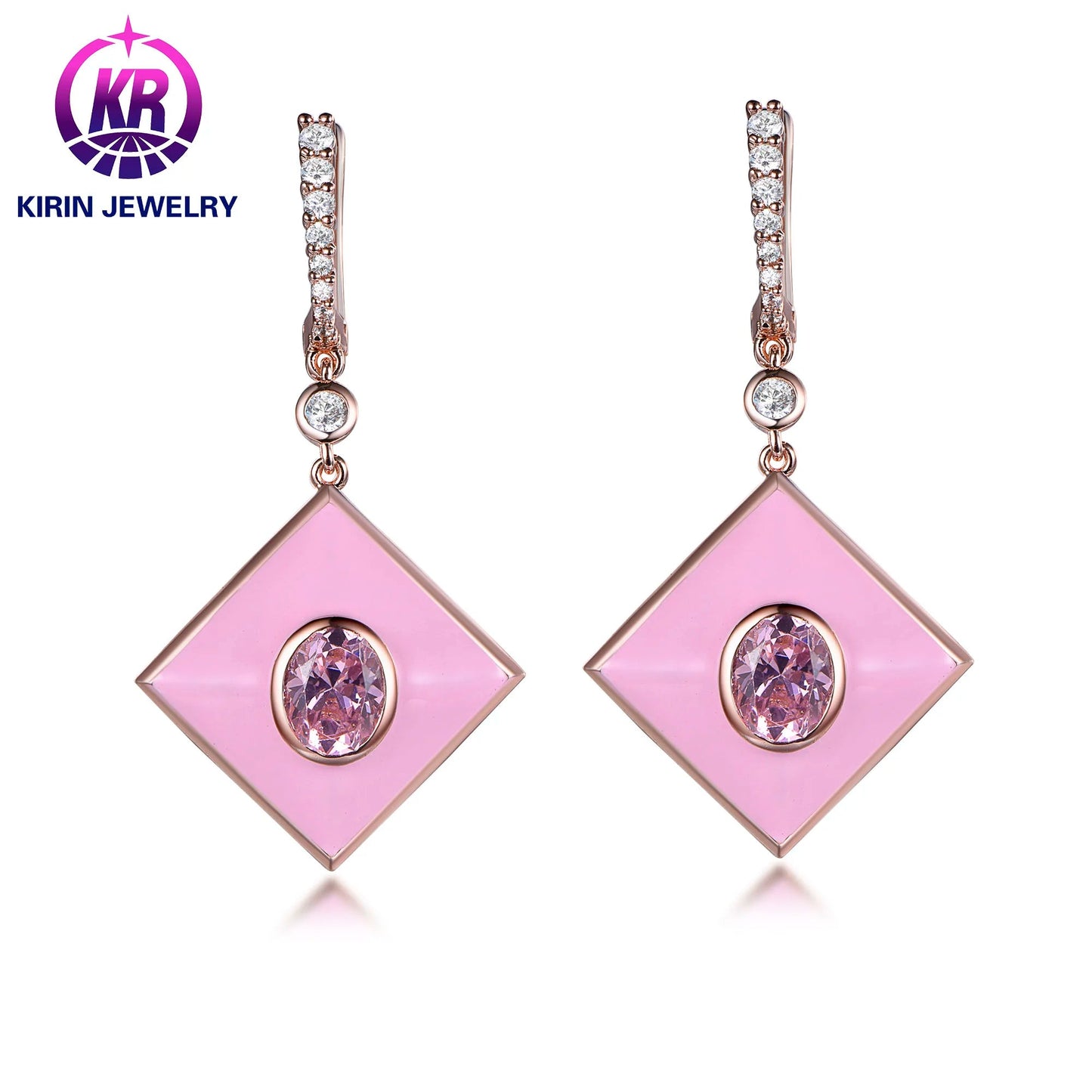 Geometric diamond pendant earrings pink hip hop jewelry wholesale 925 Sterling Silver women's lucky jewelry Kirin Jewelry