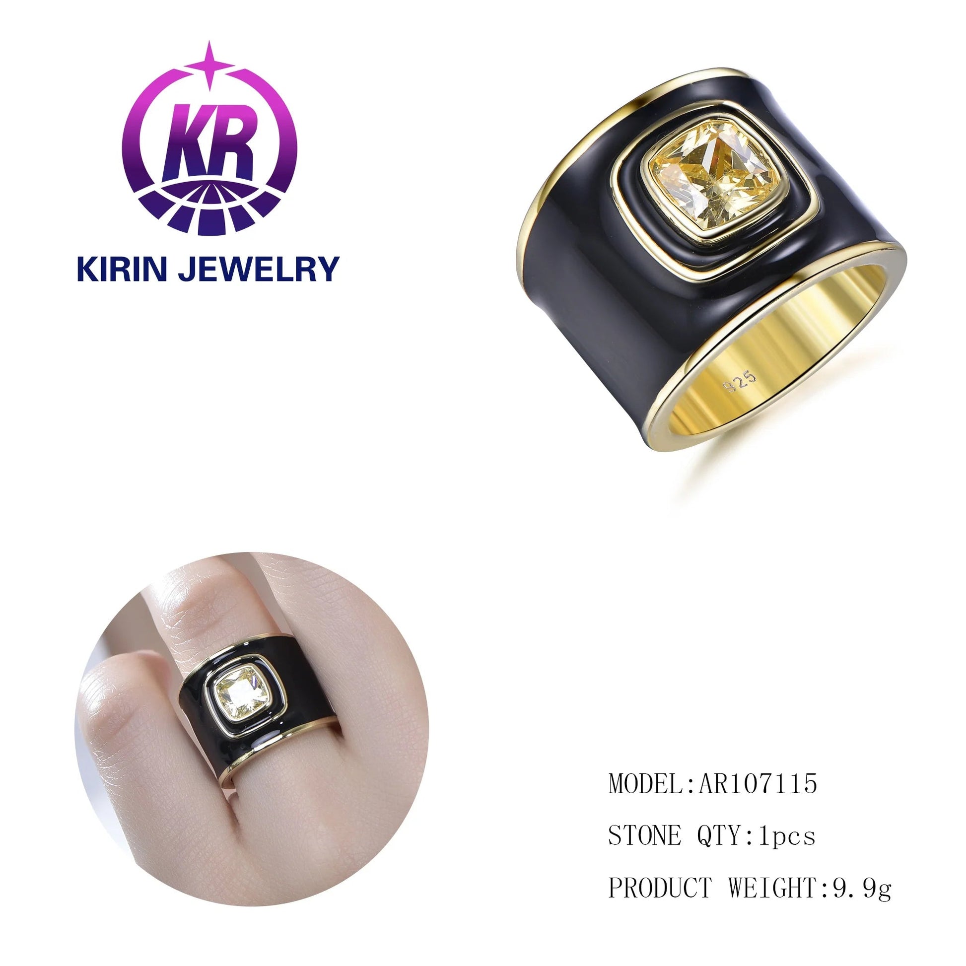 Gold Plated ring Enamel Black Men's Heavy Solid 14K Gold 18K Gold Ring Band Light Yellow Diamond Wedding Bands Rings Kirin Jewelry