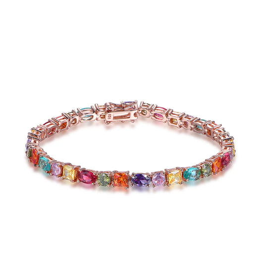 7" Oval Rainbow Colorful CZ Tennis Bracelet for Women Rose Gold Plated Sterling Silver Tennis Bracelet