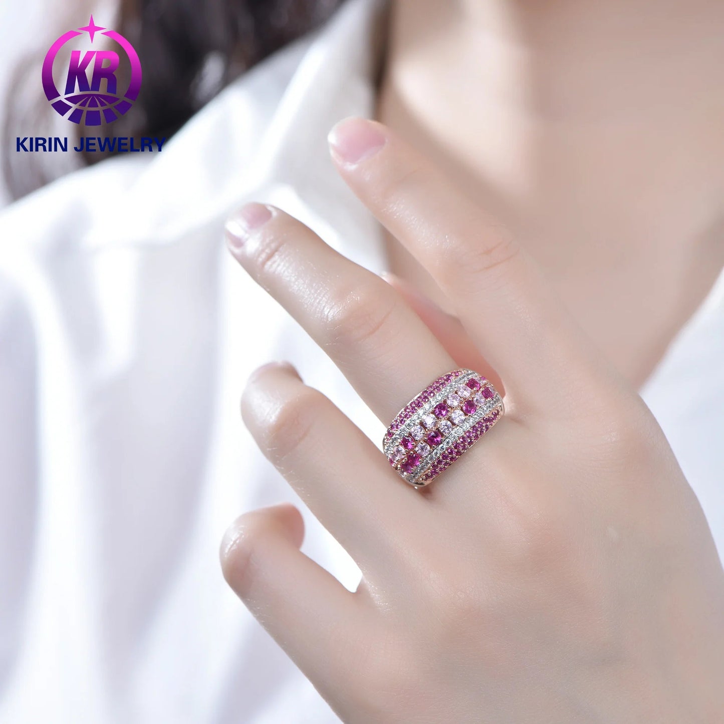 High-End Silver 925 wedding band ring Pink Light Purple 3A White Cubic Zirconia diamond Pink Ring for Women Kirin Jewelry