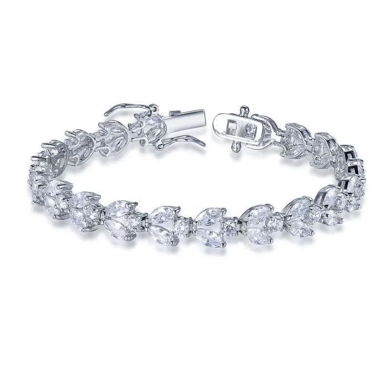 925 Silver Bracelet Leaf Shape Round Marquise Cut Diamond 5A CZ Tennis Bracelet