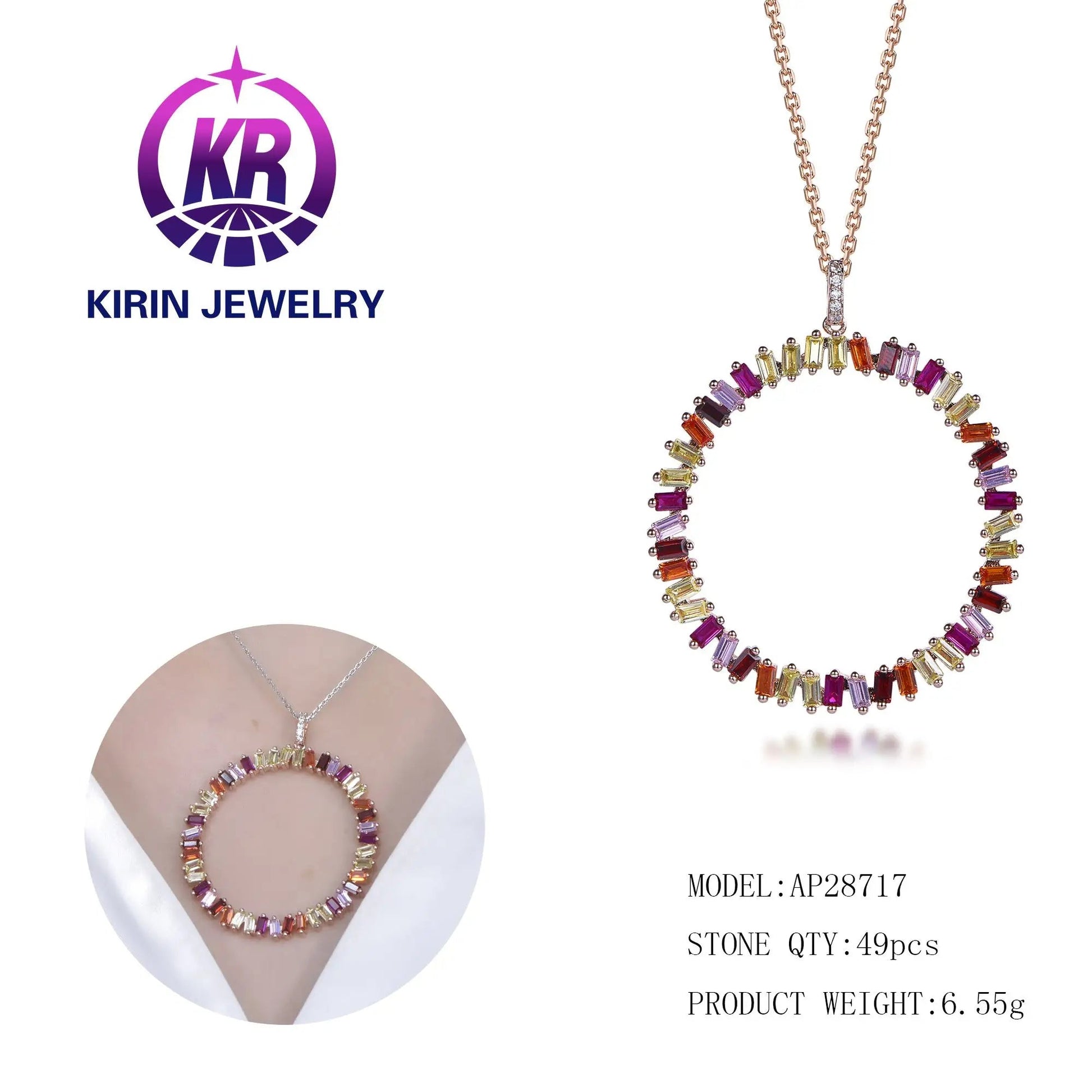 High Quality Fashion Design Rainbow Circle Shine Cubic Zirconia Silver Pendant Necklace Kirin Jewelry