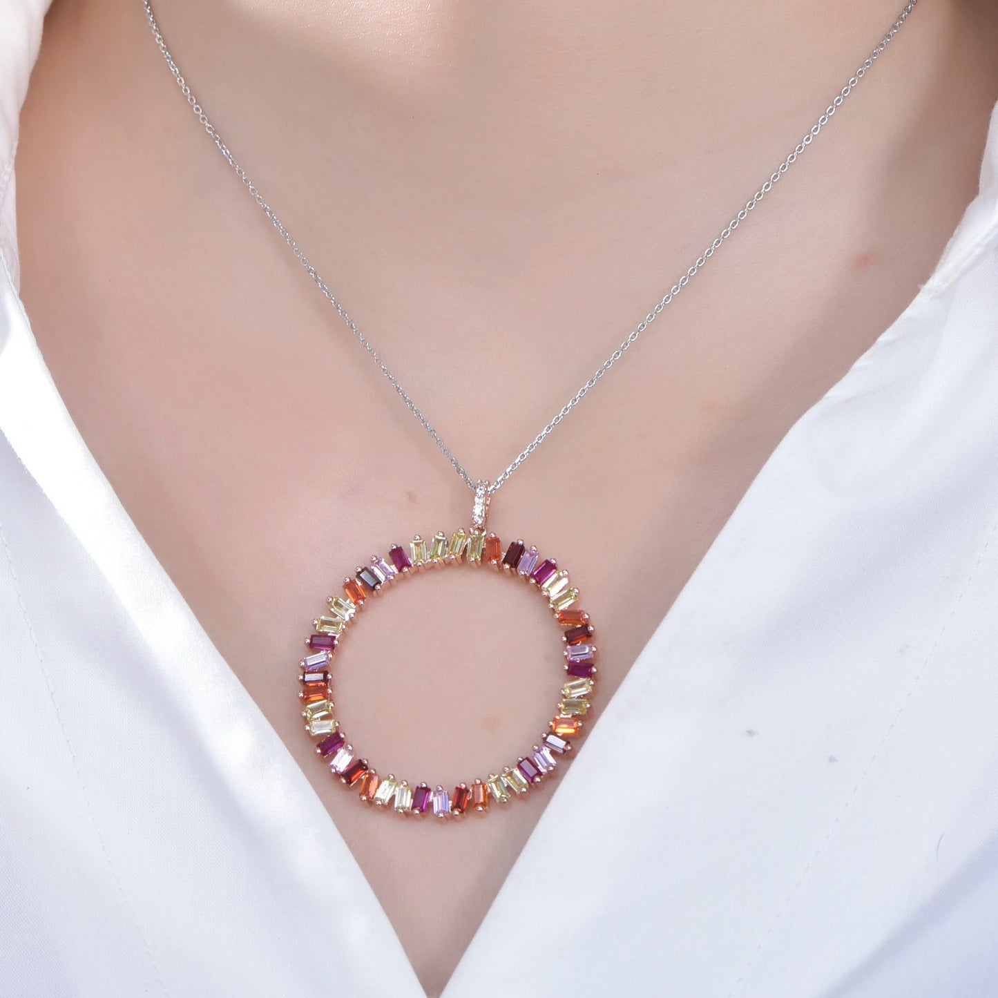 High Quality Fashion Design Rainbow Circle Shine Cubic Zirconia Silver Pendant Necklace Kirin Jewelry