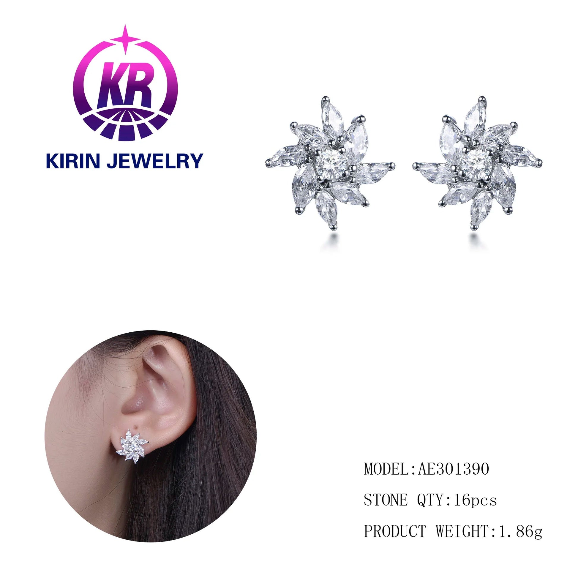 High quality 925 sterling silver earrings Luxury Statement Simple flower shaped exquisite stud earrings Bridal earrings Women's jewelry Kirin Jewelry