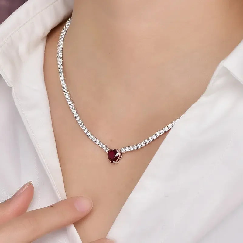 High quality Bridal wedding bling Tennis Chain 925 Sterling Silver Necklace with Red Ruby Women Gifts Jewelry Kirin Jewelry