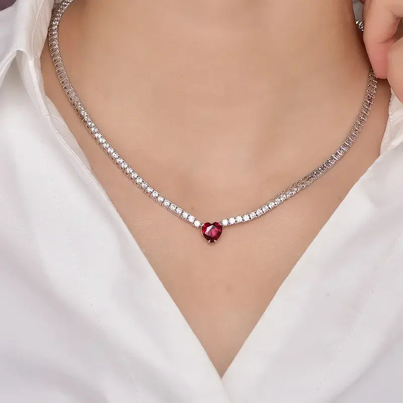 High quality Bridal wedding bling Tennis Chain 925 Sterling Silver Necklace with Red Ruby Women Gifts Jewelry Kirin Jewelry