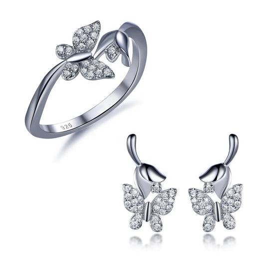 Highly recommend fashion jewelry butterfly jewellery sets women china wholesale earrings DIY flower butterfly ring 925 silver jewelry Kirin Jewelry