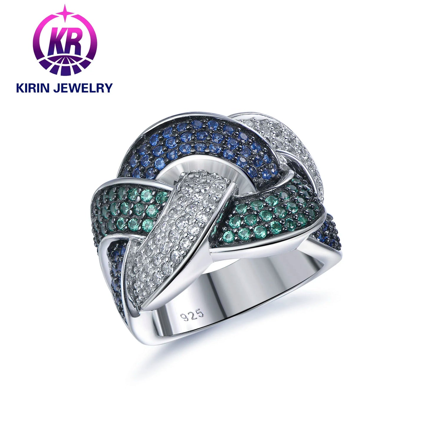 Hip Hop Fine Jewelry 925 Sterling Silver Blue Green Knot Diamond Ring Full Cubic Zircon Paved Rings Kirin Jewelry