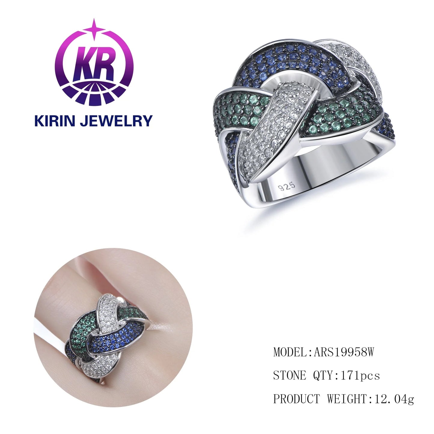 Hip Hop Fine Jewelry 925 Sterling Silver Blue Green Knot Diamond Ring Full Cubic Zircon Paved Rings Kirin Jewelry