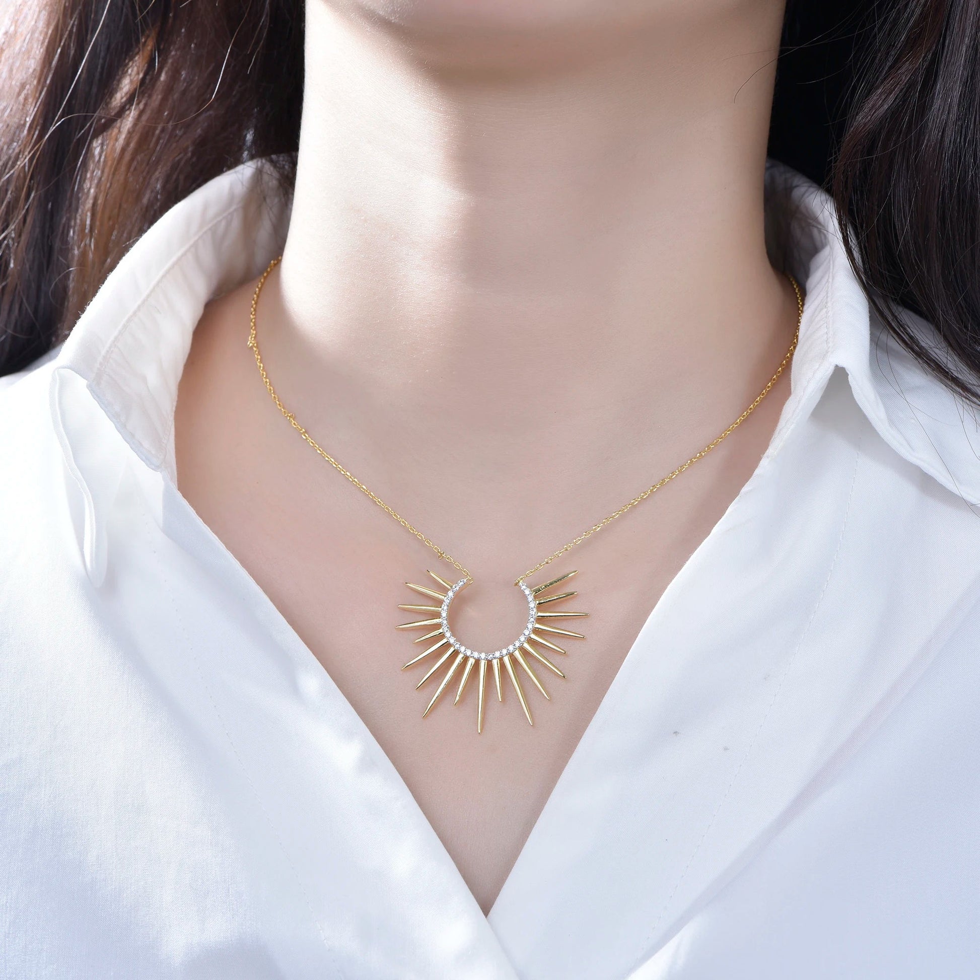 Hot 18K Gold Plated Rising Sun Burst Necklace Sunset Pendants for Necklace Women Plain Simple 925 Sterling Silver Jewelry Kirin Jewelry