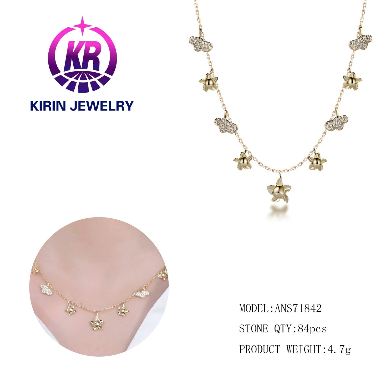 Hot 18K Gold Plated for Necklace Pretty Stars and Clouds Necklaces 925 Sterling Silver Jewelry Necklaces Women Jewelry Kirin Jewelry