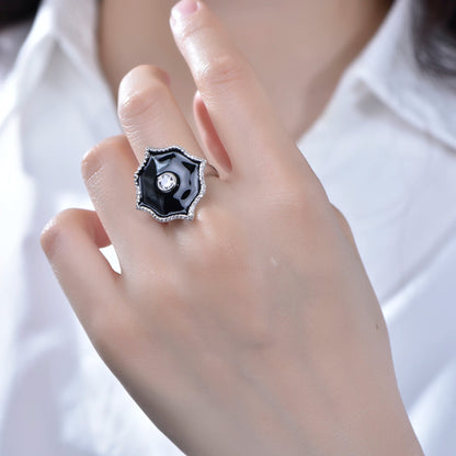 Hot Sale Black Polygon Shaped 925 Sterling Silver Engagement Ladies  Diamond Ring for Gift Unisex Jewelry Kirin Jewelry