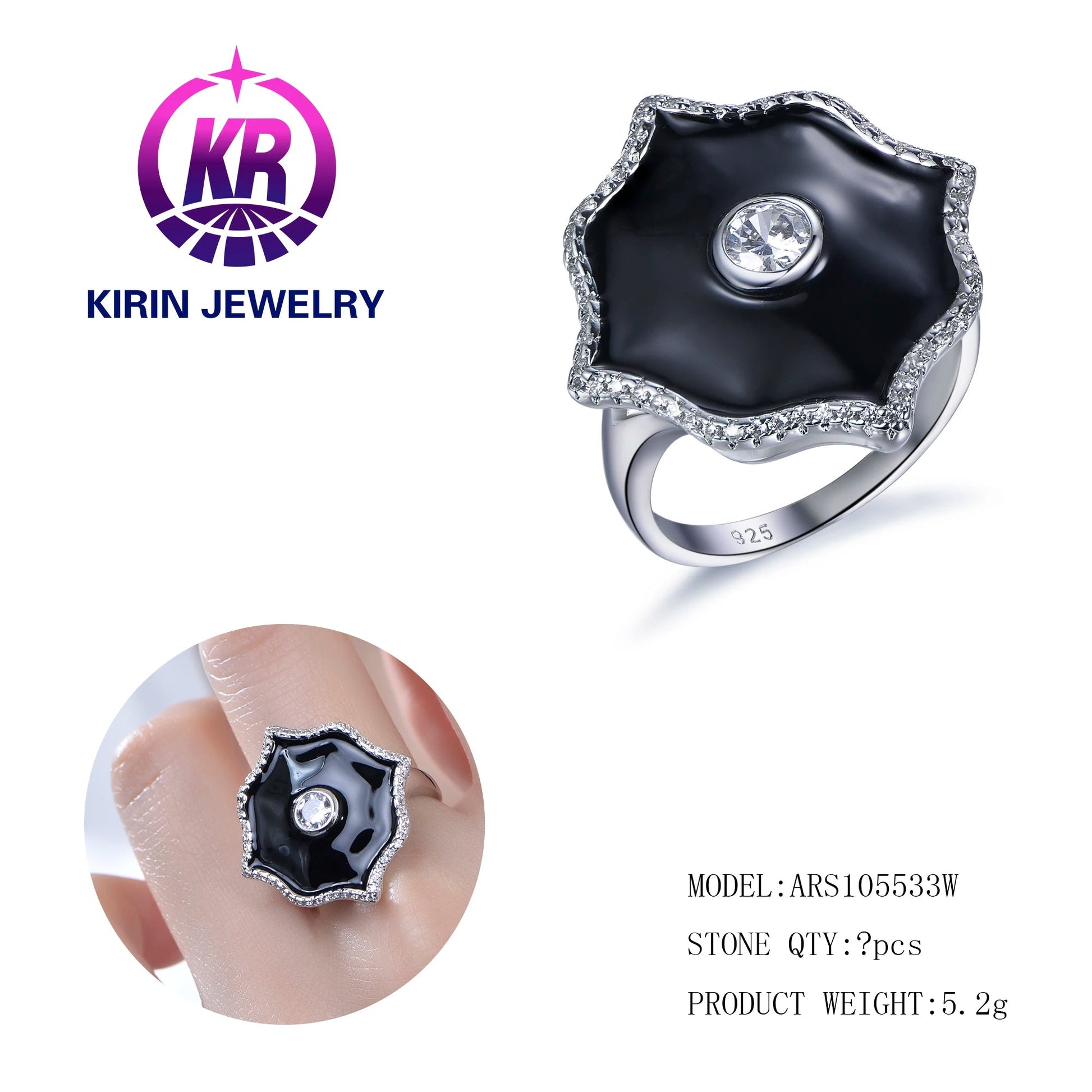 Hot Sale Black Polygon Shaped 925 Sterling Silver Engagement Ladies  Diamond Ring for Gift Unisex Jewelry Kirin Jewelry