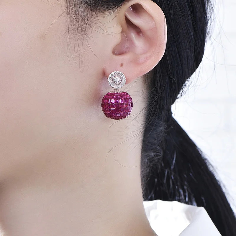 Invisible Setting Ruby Zircon Earrings Jewelry New Model Stud Earring Customized Ball Women Fashion Dangle Earrings Jewelry Kirin Jewelry