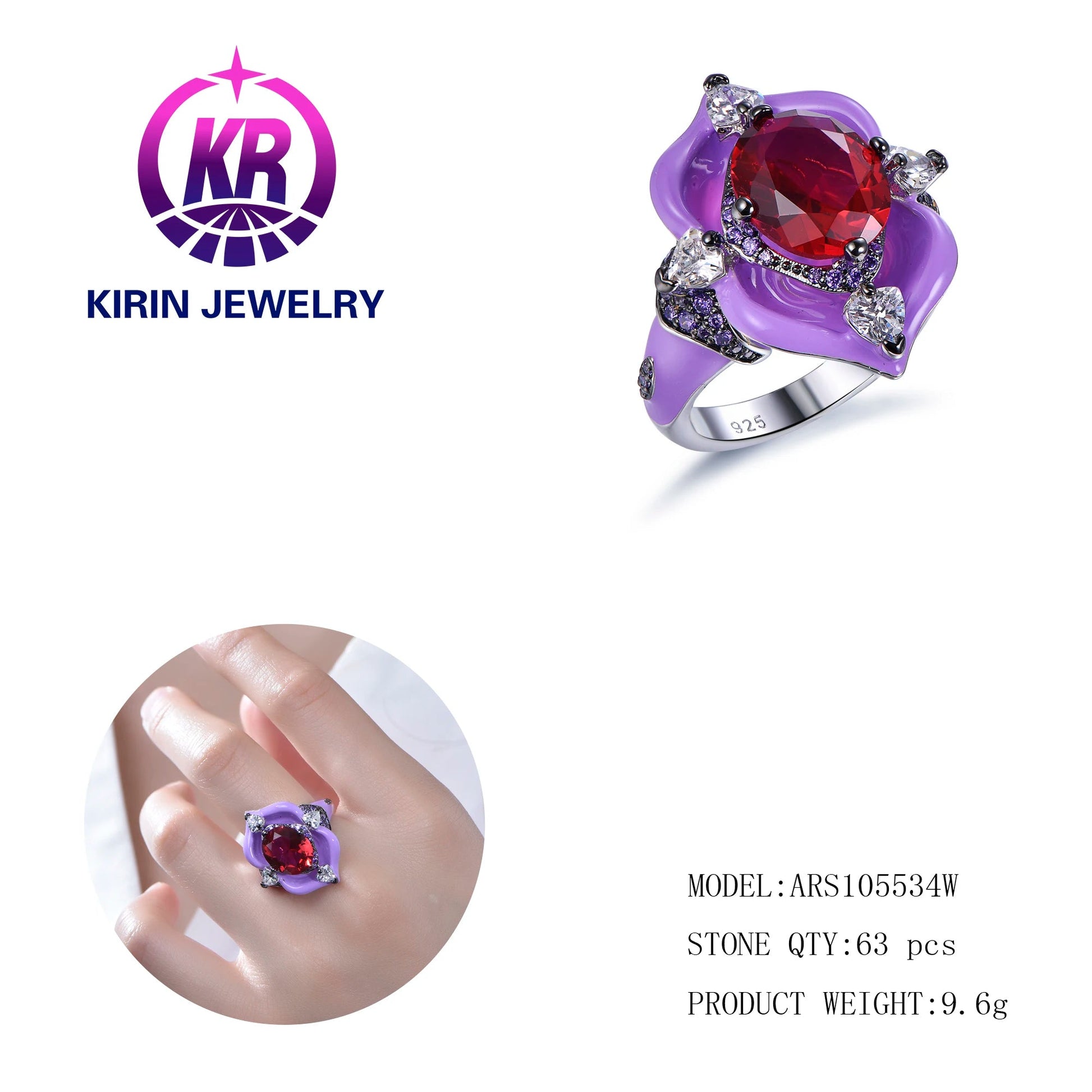 Jewelry Diamond ruby Spinel Gemstone Ring 925 Sterling Silver Big Stone Fine Purple Jewelry Manufacturer Kirin Jewelry