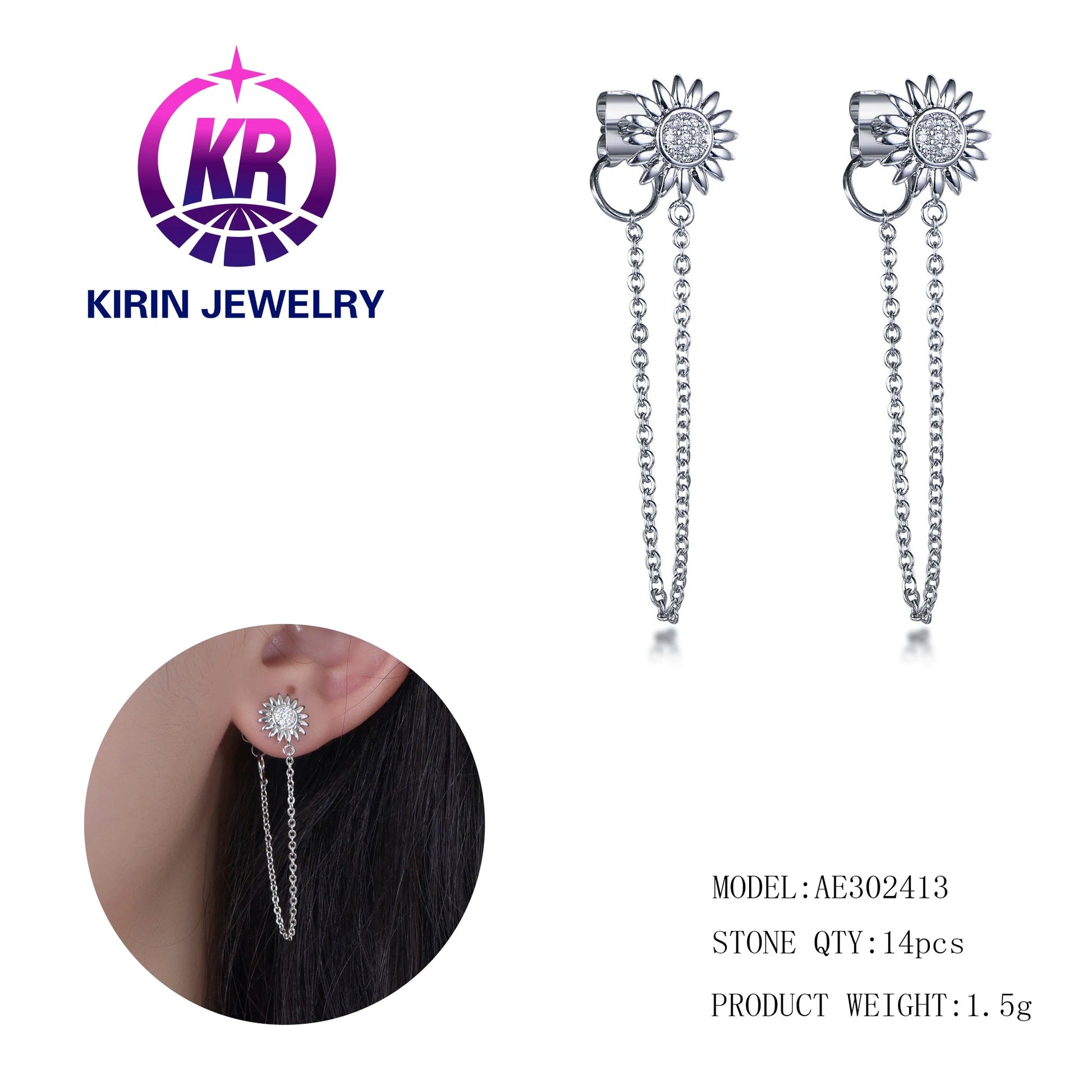 Jewelry pure silver 925 jewelry beautiful sunflower chain earrings earrings smile funny earrings jewelry Women's earrings Kirin Jewelry