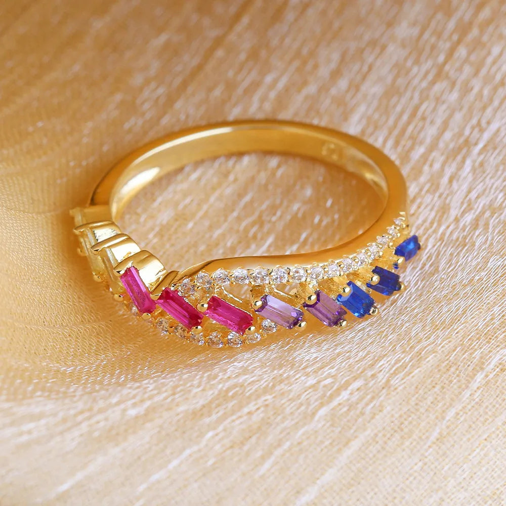 Kirin Jewelry Women 925 Sterling Silver Ring Gold Plated Ring Band Multi Color Stone Diamond Rainbow Ring Kirin Jewelry