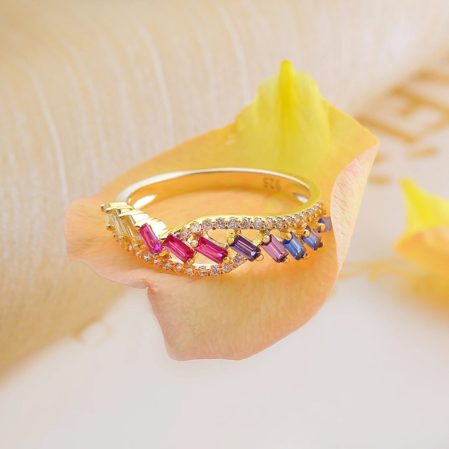 Kirin Jewelry Women 925 Sterling Silver Ring Gold Plated Ring Band Multi Color Stone Diamond Rainbow Ring Kirin Jewelry