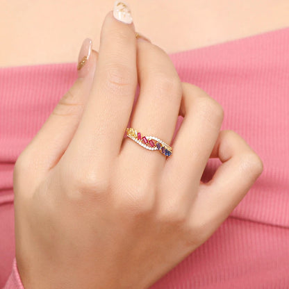 Kirin Jewelry Women 925 Sterling Silver Ring Gold Plated Ring Band Multi Color Stone Diamond Rainbow Ring Kirin Jewelry