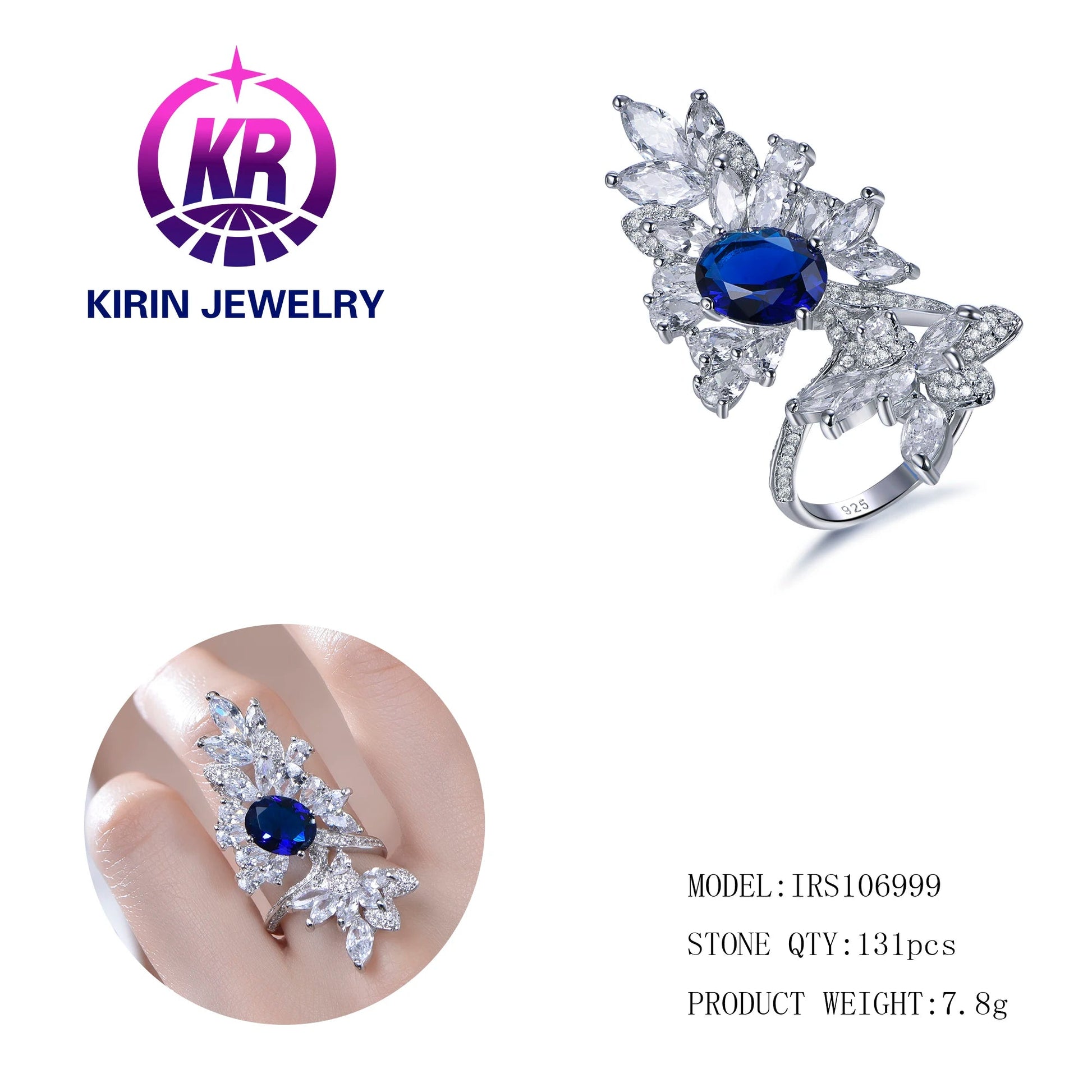 Ladies Diamond Leaf Blue Gem Ring Sparkling Crystal Water Diamond Wholesale jewelry fashion rings Leaf Opening 925 Sterling Silver Ring Kirin Jewelry