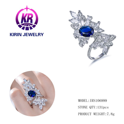 Ladies Diamond Leaf Blue Gem Ring Sparkling Crystal Water Diamond Wholesale jewelry fashion rings Leaf Opening 925 Sterling Silver Ring Kirin Jewelry