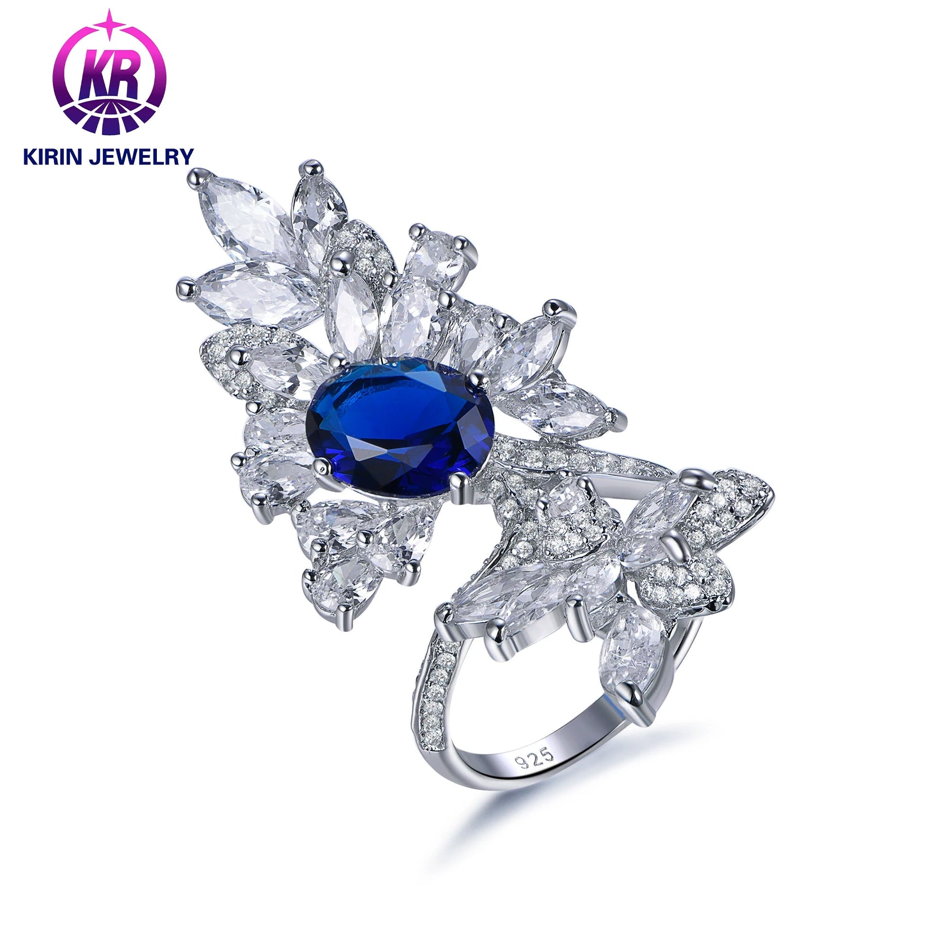 Ladies Diamond Leaf Blue Gem Ring Sparkling Crystal Water Diamond Wholesale jewelry fashion rings Leaf Opening 925 Sterling Silver Ring Kirin Jewelry