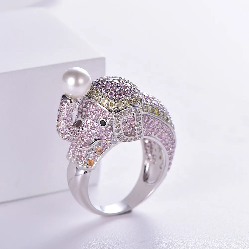 Luxury 5A Pink Zircon Full Diamonds White pearl Wedding Rings elephant Shape Women Silver Ring Wholesale Kirin Jewelry