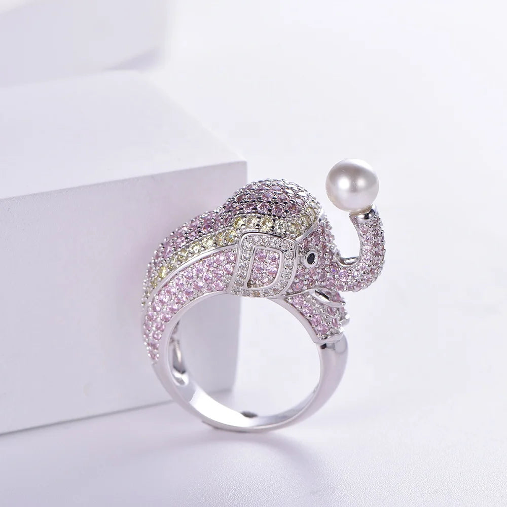 Luxury 5A Pink Zircon Full Diamonds White pearl Wedding Rings elephant Shape Women Silver Ring Wholesale Kirin Jewelry