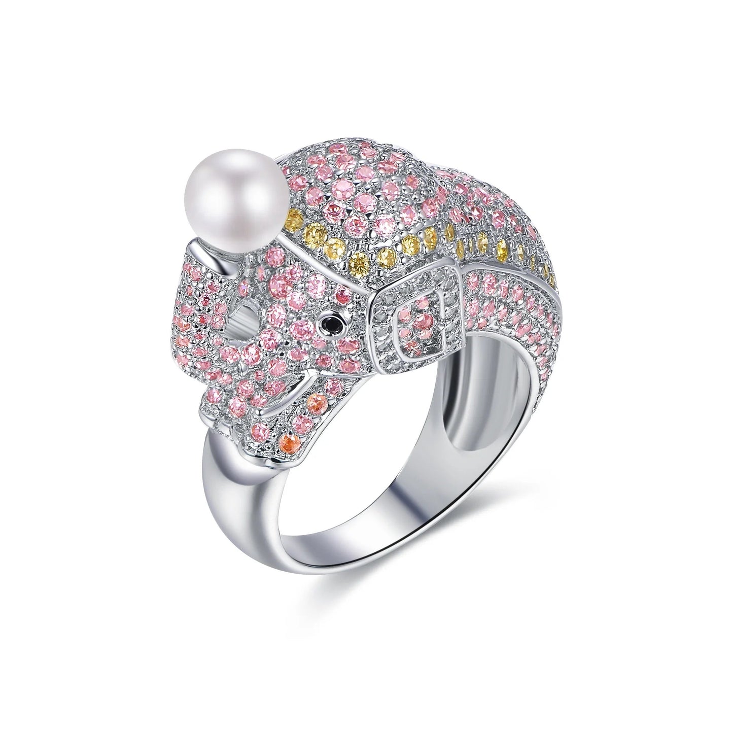 Luxury 5A Pink Zircon Full Diamonds White pearl Wedding Rings elephant Shape Women Silver Ring Wholesale Kirin Jewelry